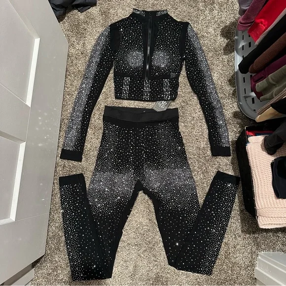 mesh rhinestone long sleeve and legging set - Picture 3 of 15